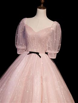 Picture of Pink Tulle Short Sleeves Ball Gown Long Formal Dress, Pink Evening Dress